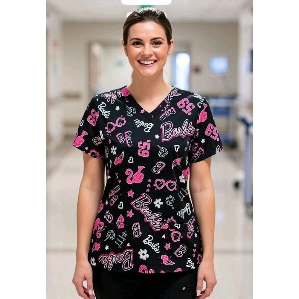 New Barbie Women's‎ Scrub Top Black Size XL NWT Healthcare CNA Nurse Uniform